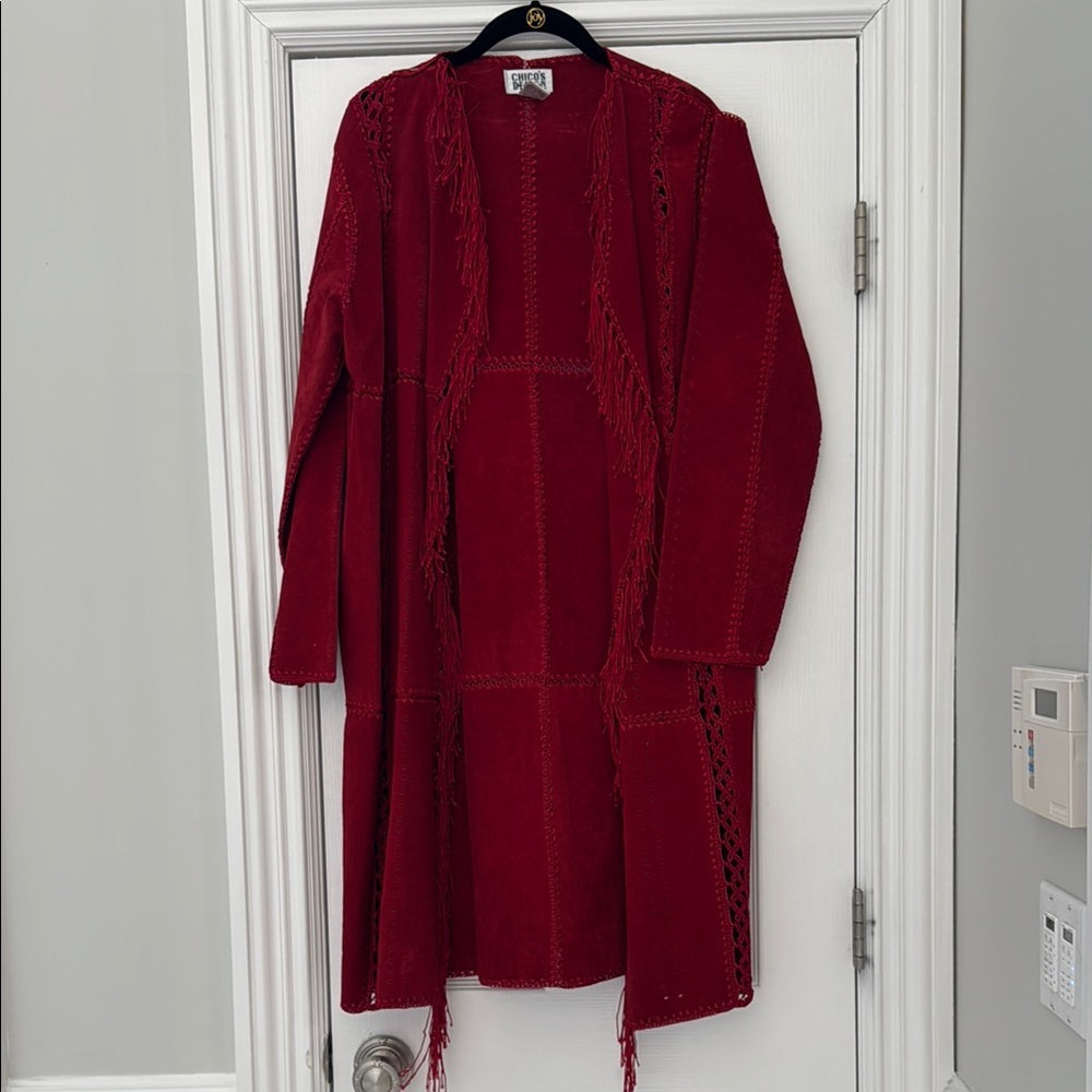 Vintage Chico’s design red leather with fridge detail long sleeve leather jacket